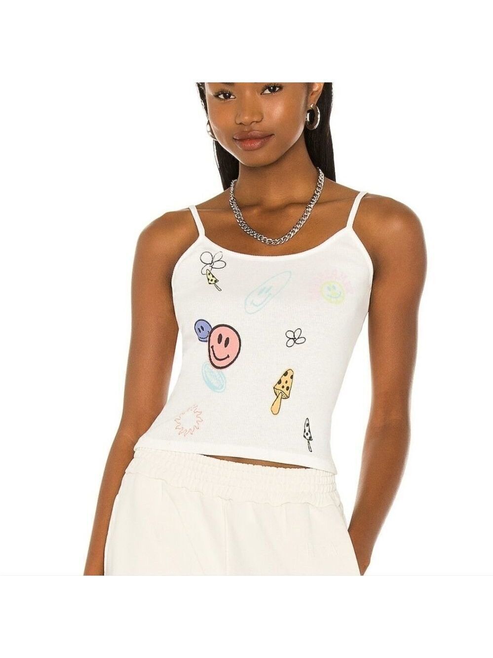 NWOT Daydreamer Dreamscape Ribbed Spaghetti Tank S Vintage White Graphic